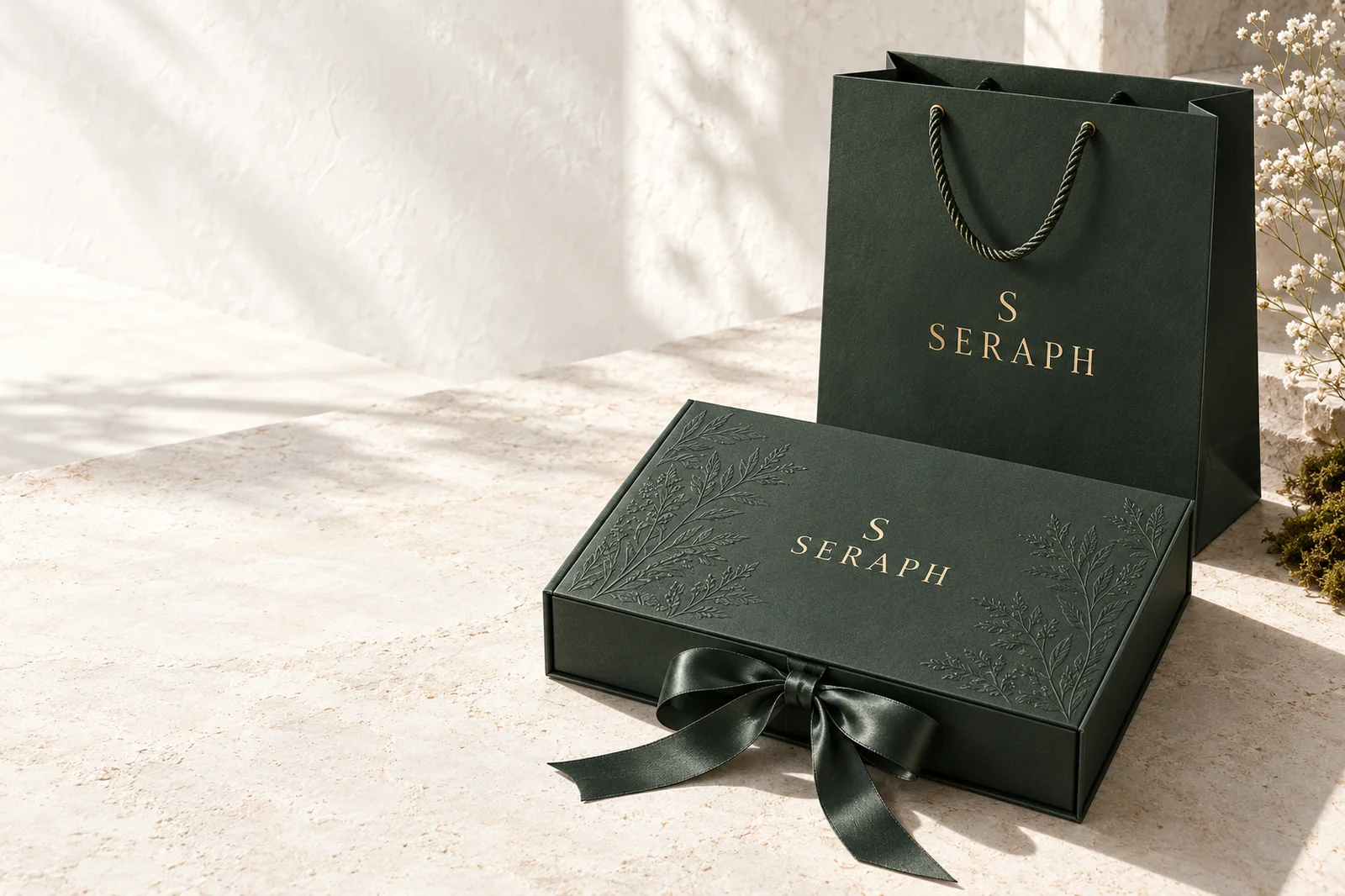 The Seraph gift box in botanical green with gold foil monogram and satin ribbon