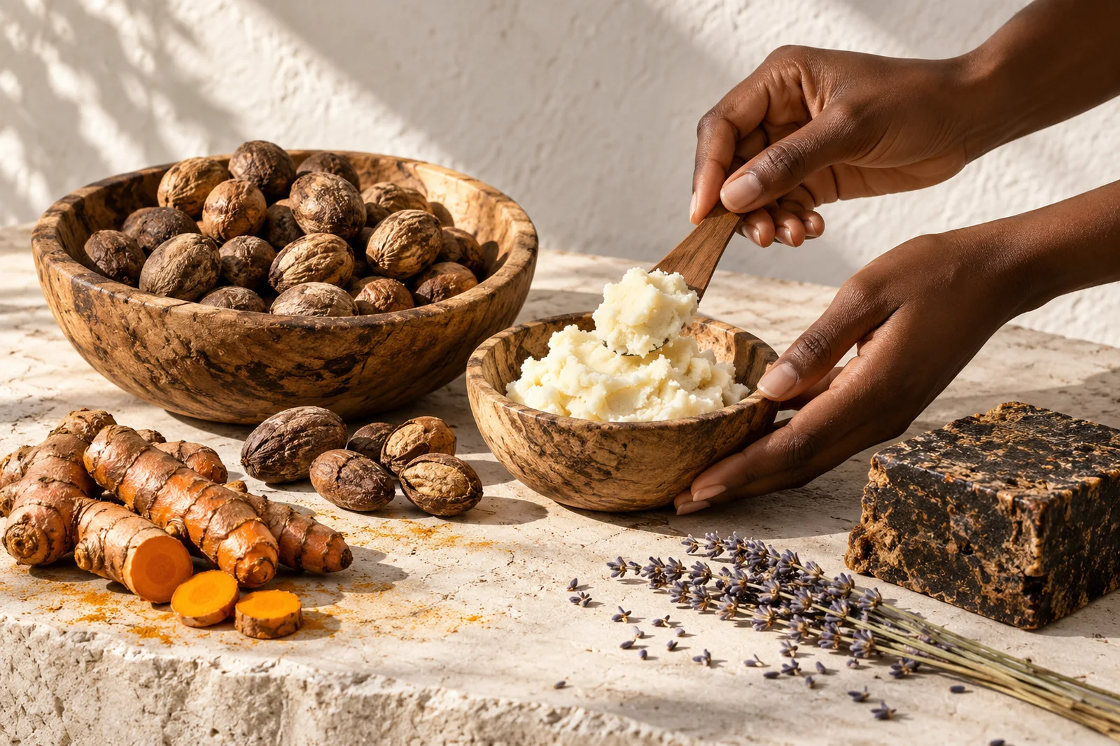 Raw shea nuts, whipped shea butter, turmeric and black soap on a limestone table